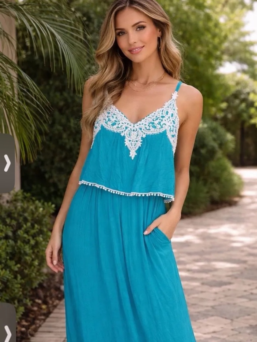 Women's Teal Maxi Dress with White Lace Trim